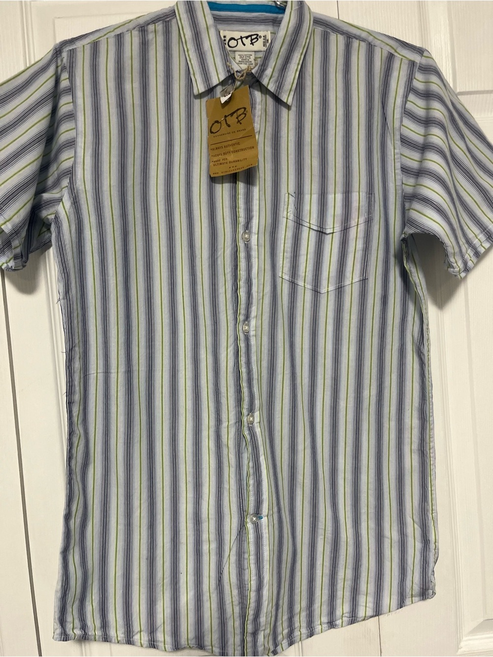 OTBT Light Blue, Green & White Striped Short-Sleeve Button-Up